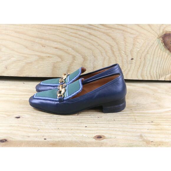 Tory Burch Loafers Women 7 M Blue Leather Green Rhinestone Jessa Horse Bit Flats - Picture 1 of 10